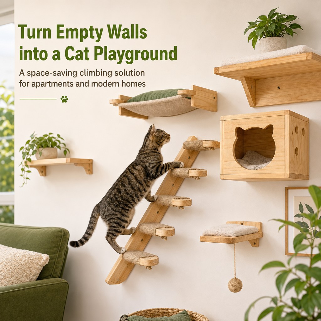 Wall-Mounted Solid Wood Cat Steps for Shelves & Perches - Space-Saving Jute Climbing Ladder