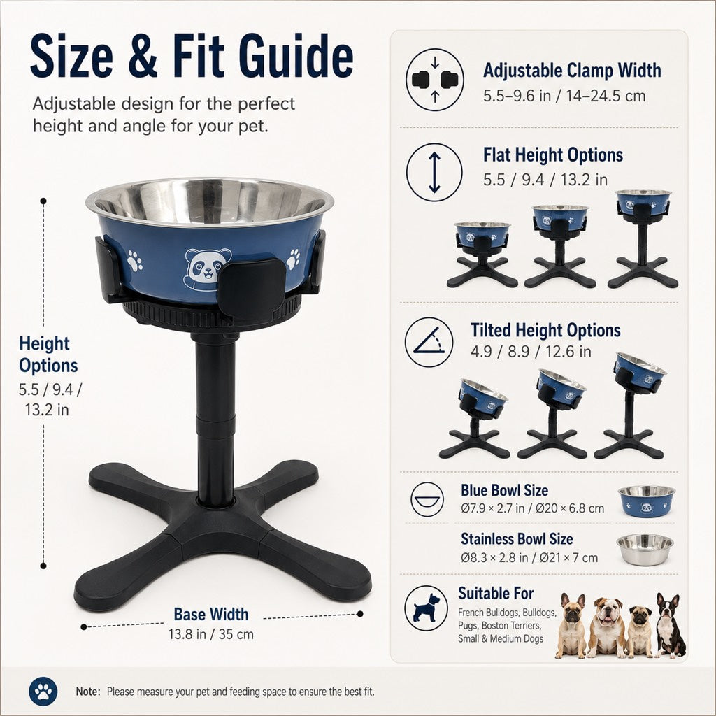 French Bulldog Adjustable Elevated Tilted Dog Bowl for Kitchen Feeding Corners - 3-Height Stand with Slow Feeder Insert to Reduce Neck Bending & Mess