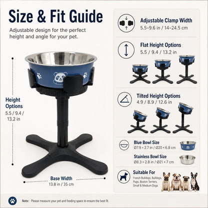 French Bulldog Adjustable Elevated Tilted Dog Bowl for Kitchen Feeding Corners - 3-Height Stand with Slow Feeder Insert to Reduce Neck Bending & Mess