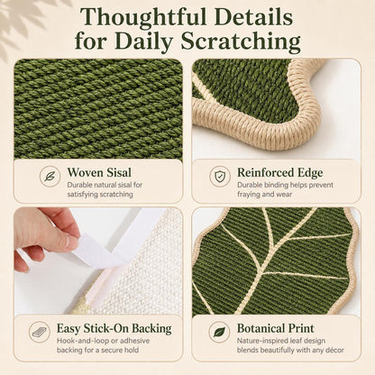 Botanical Stick-On Sisal Cat Scratcher Mat for Walls, Doors & Floors - Redirect Scratching Away From Furniture