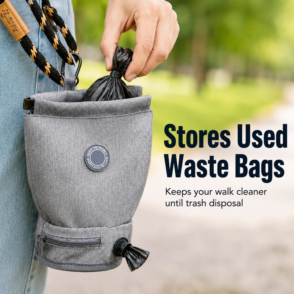 Dog Poop Bag Holder for Walks - Carry Used Waste Bags Hands-Free Until the Next Trash Can