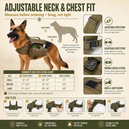 Tactical Dog Backpack Harness for Hiking, Camping & Daily Walks - Hands-Free Storage for Water, Treats & Poop Bags