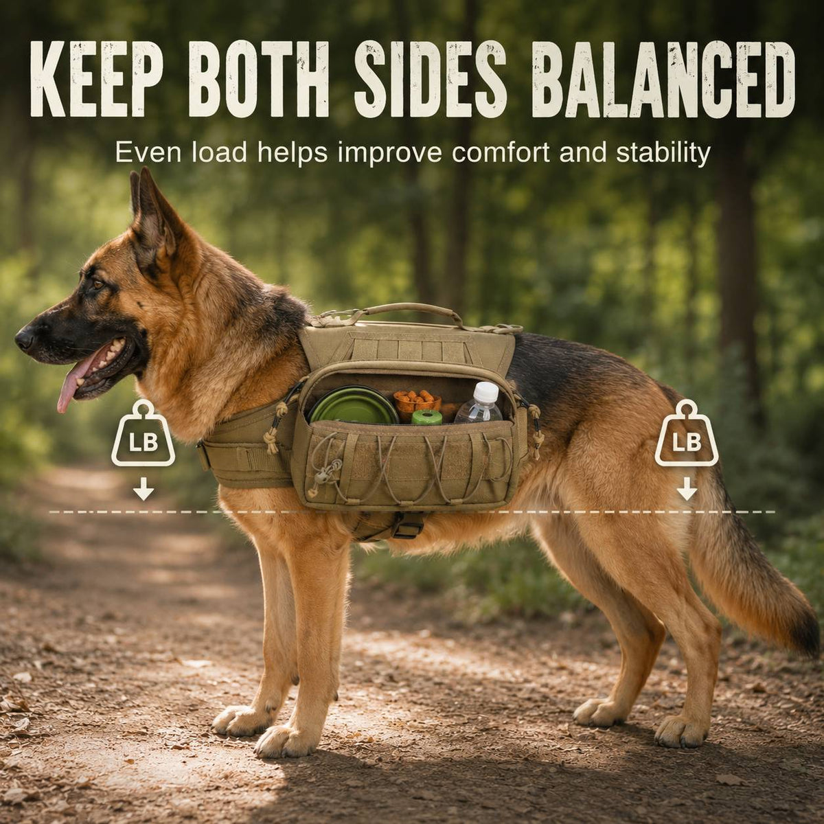 Tactical Dog Backpack Harness for Hiking, Camping & Daily Walks - Hands-Free Storage for Water, Treats & Poop Bags