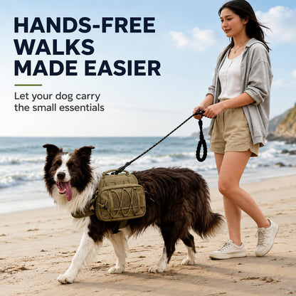 Tactical Dog Backpack Harness for Hiking, Camping & Daily Walks - Hands-Free Storage for Water, Treats & Poop Bags