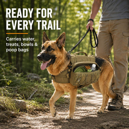 Tactical Dog Backpack Harness for Hiking, Camping & Daily Walks - Hands-Free Storage for Water, Treats & Poop Bags