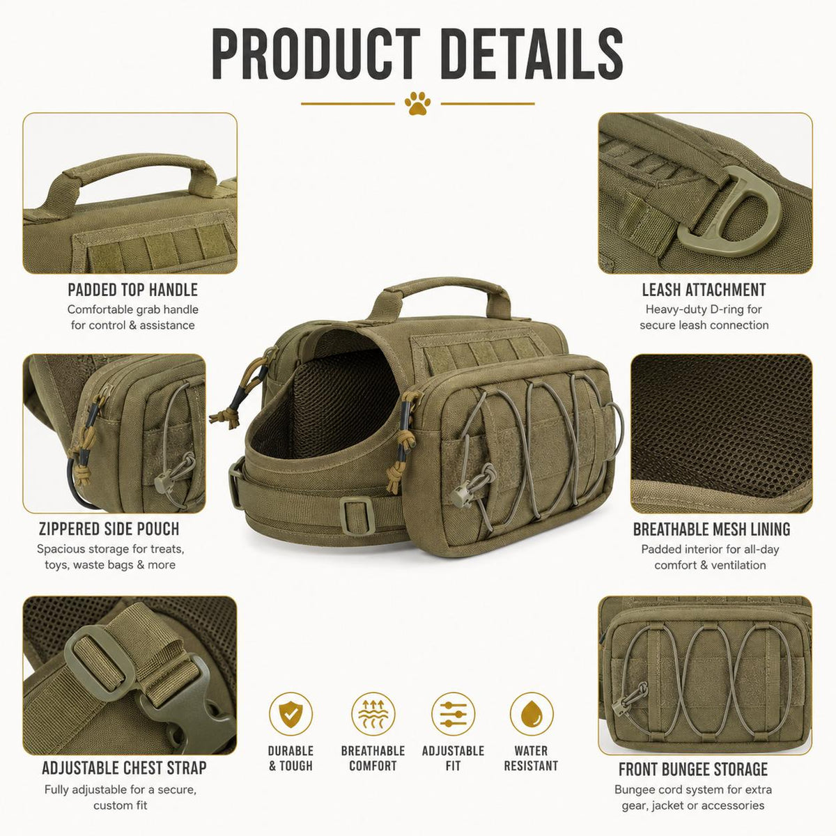 Tactical Dog Backpack Harness for Hiking, Camping & Daily Walks - Hands-Free Storage for Water, Treats & Poop Bags