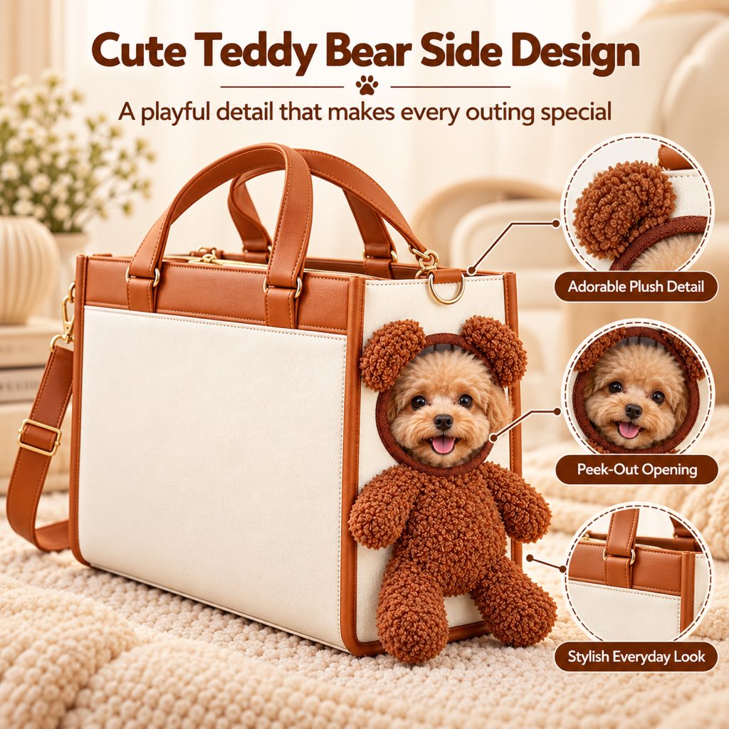 Teddy Bear Pet Carrier Tote Bag for Small Dogs – Stylish Handheld & Shoulder Bag for Everyday Outings