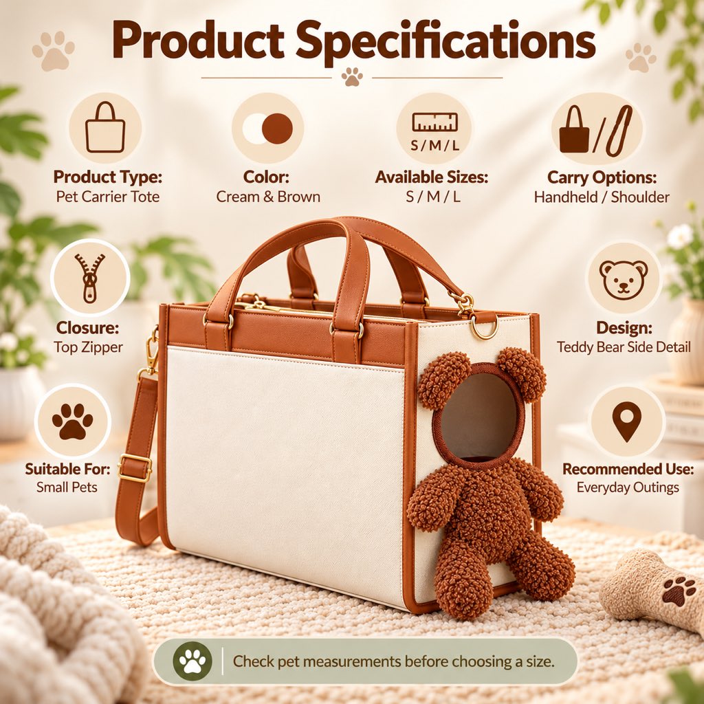 Teddy Bear Pet Carrier Tote Bag for Small Dogs – Stylish Handheld & Shoulder Bag for Everyday Outings