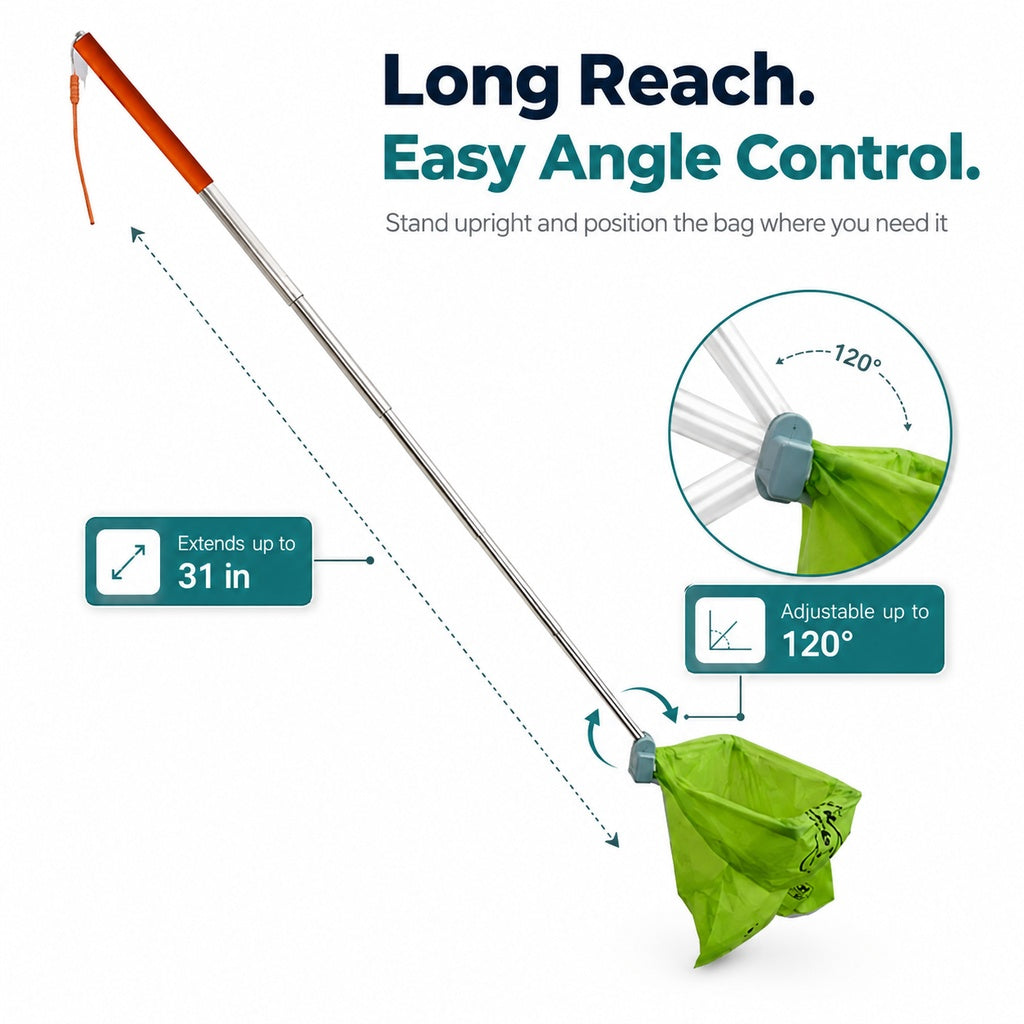 Foldable Dog Poop Catcher for Walks - No-Bend Waste Pickup Tool with Telescopic Handle