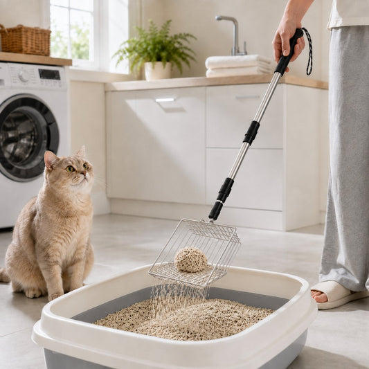 Telescoping Cat Litter Scoop for Deep Litter Boxes – Long Handle Sifter for Less Bending