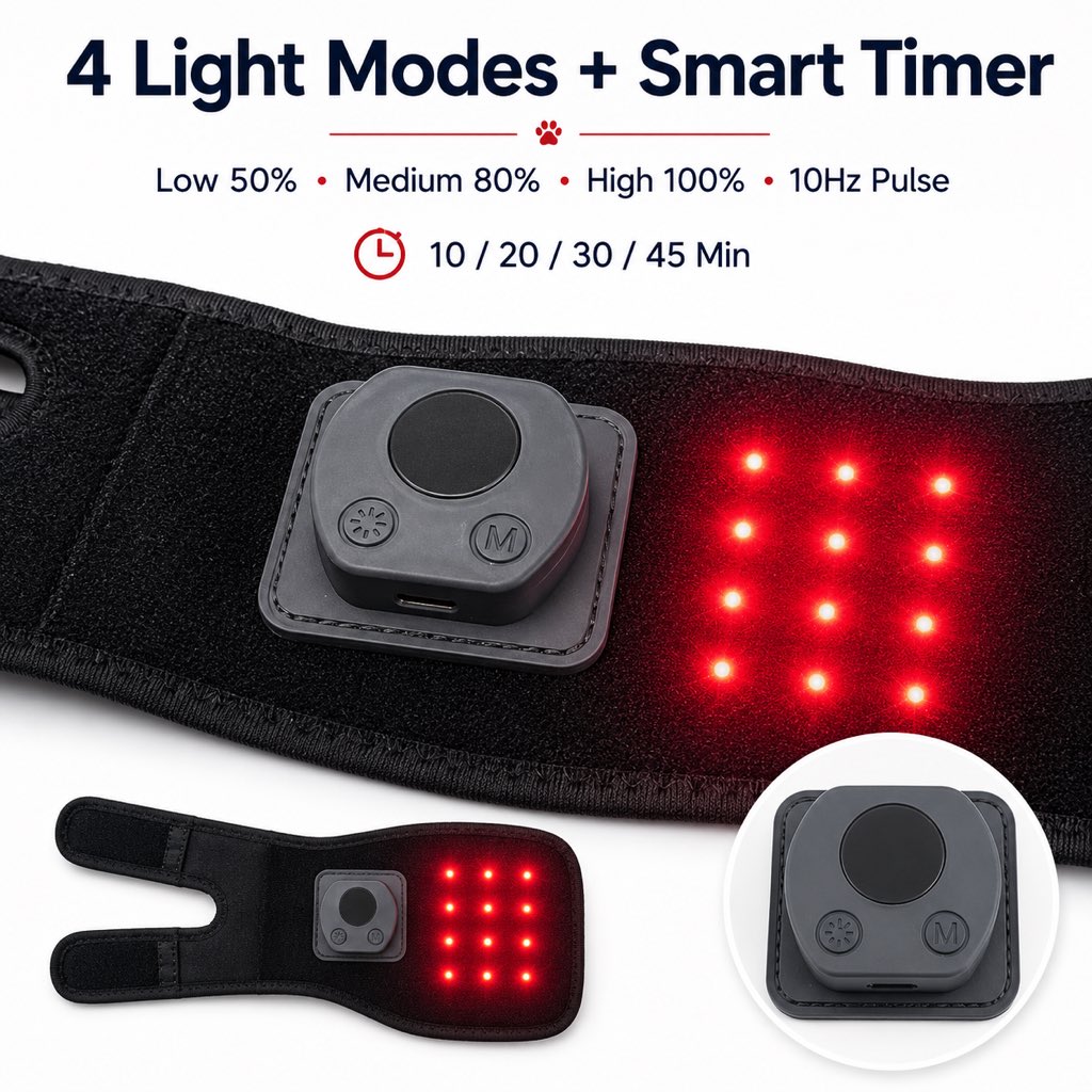 Rechargeable Red Light Therapy Dog Knee Wrap for Senior Dogs - At-Home Leg Comfort Support for Post-Walk Stiffness & Mobility Care