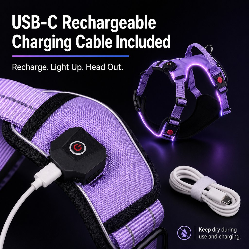 Rechargeable LED Dog Harness for Night Walks - Back-Panel Glow & Reflective Webbing for Better Low-Light Visibility
