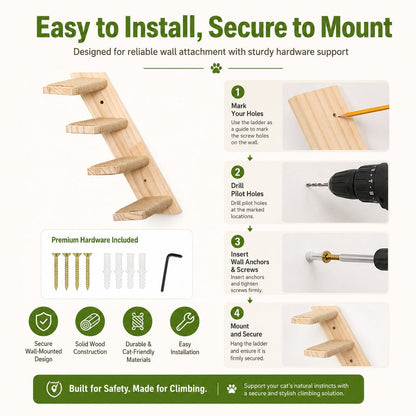 Wall-Mounted Solid Wood Cat Steps for Shelves & Perches - Space-Saving Jute Climbing Ladder