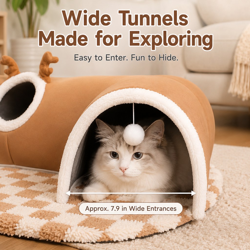 3-in-1 Multi-Cat Tunnel Bed & Play Mat for Indoor Cats - Spacious Cozy Hideaway for Shared Rest, Play & Less Bed Competition