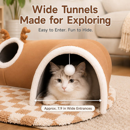 3-in-1 Multi-Cat Tunnel Bed & Play Mat for Indoor Cats - Spacious Cozy Hideaway for Shared Rest, Play & Less Bed Competition