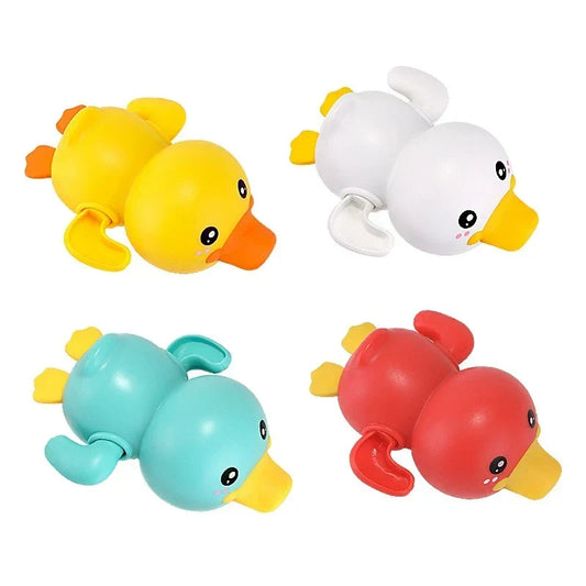 Wind-up swimming duck bath toy in yellow, white, blue and red color options