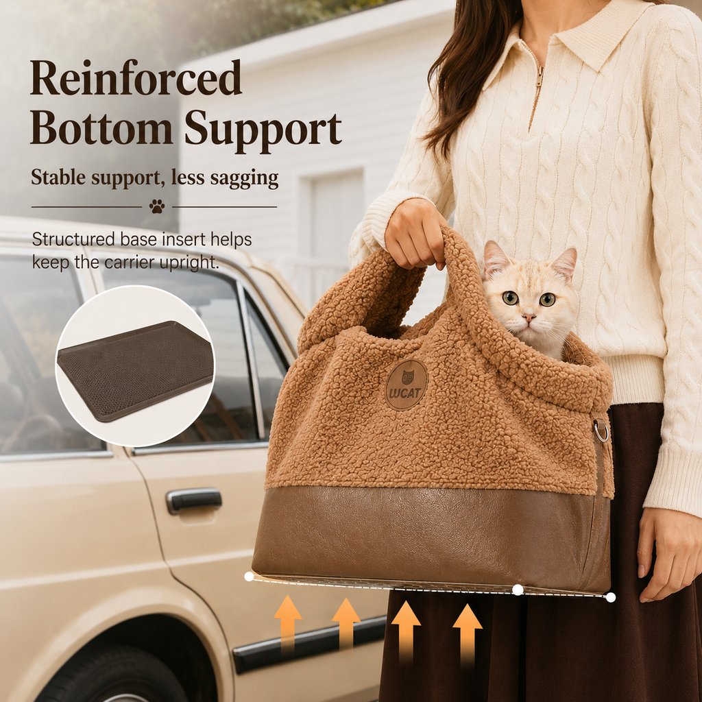 Winter Sherpa Pet Carrier Bag for Walks & Vet Visits - Stable Bottom, Secure Handheld Shoulder Tote for Cats & Small Pets