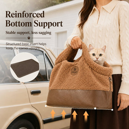 Winter Sherpa Pet Carrier Bag for Walks & Vet Visits - Stable Bottom, Secure Handheld Shoulder Tote for Cats & Small Pets