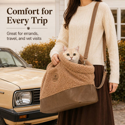 Winter Sherpa Pet Carrier Bag for Walks & Vet Visits - Stable Bottom, Secure Handheld Shoulder Tote for Cats & Small Pets