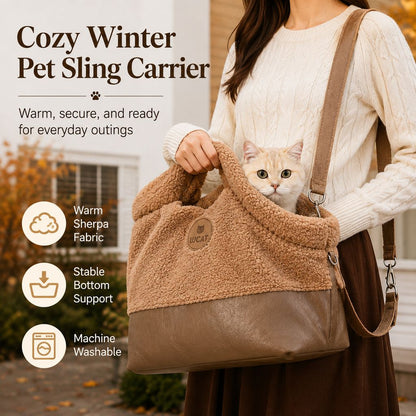 Winter Sherpa Pet Carrier Bag for Walks & Vet Visits - Stable Bottom, Secure Handheld Shoulder Tote for Cats & Small Pets