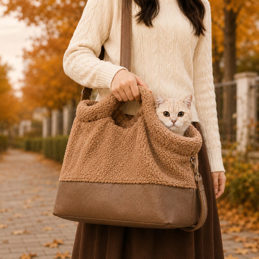Winter Sherpa Pet Carrier Bag for Walks & Vet Visits - Stable Bottom, Secure Handheld Shoulder Tote for Cats & Small Pets