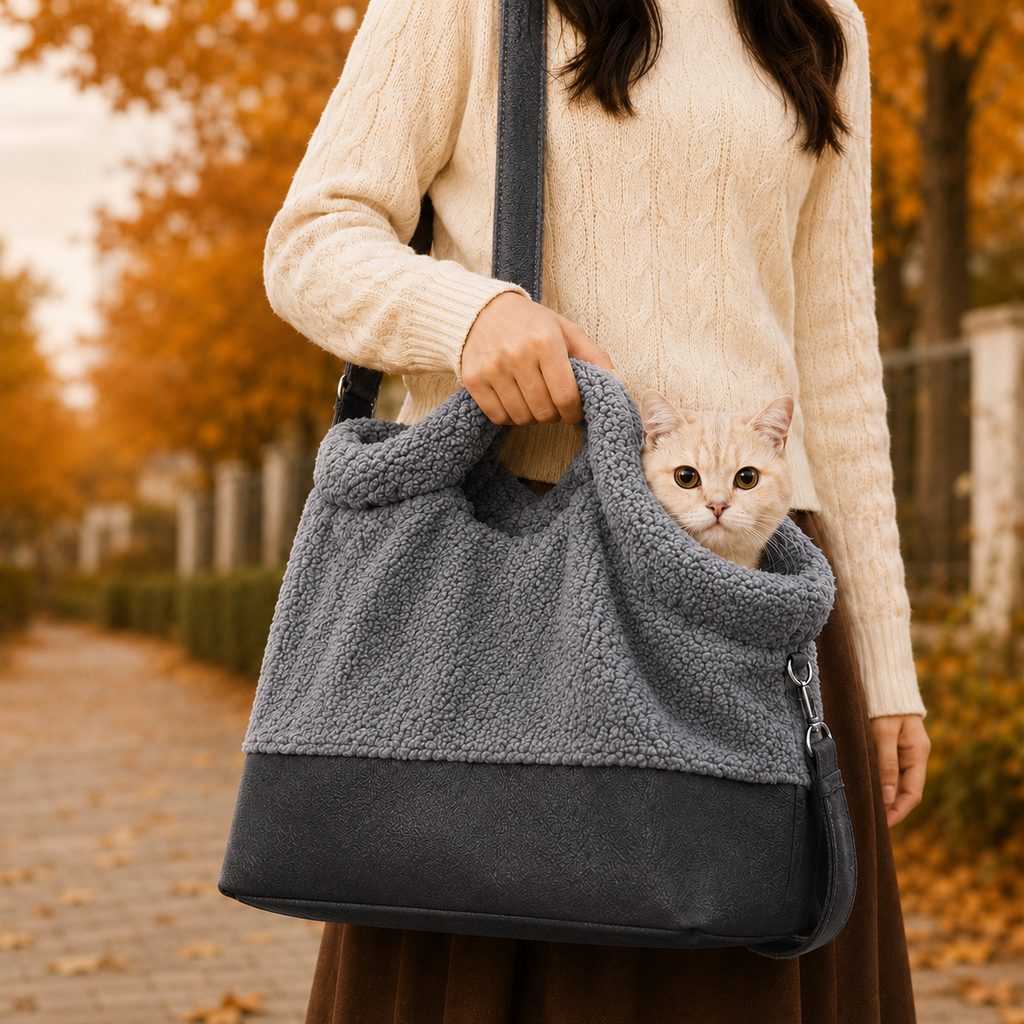 Winter Sherpa Pet Carrier Bag for Walks & Vet Visits - Stable Bottom, Secure Handheld Shoulder Tote for Cats & Small Pets