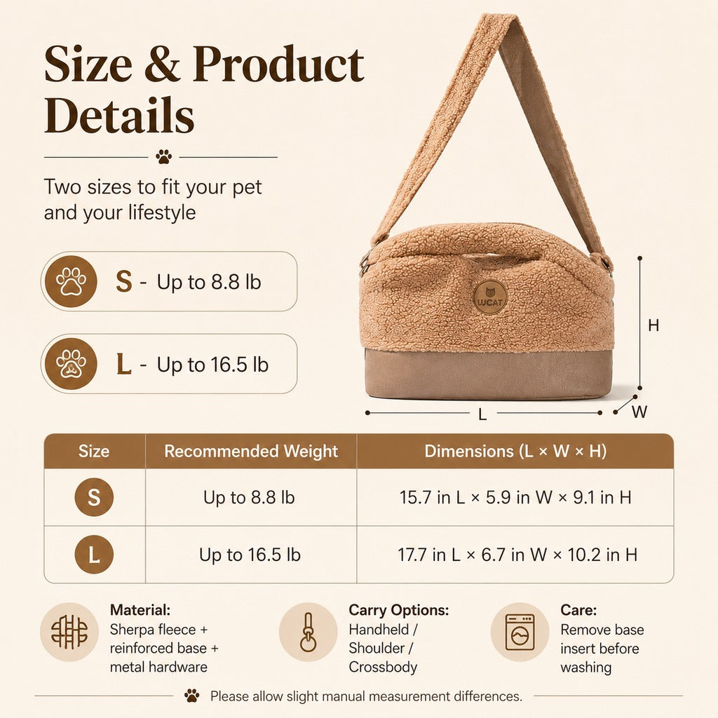 Winter Sherpa Pet Carrier Bag for Walks & Vet Visits - Stable Bottom, Secure Handheld Shoulder Tote for Cats & Small Pets