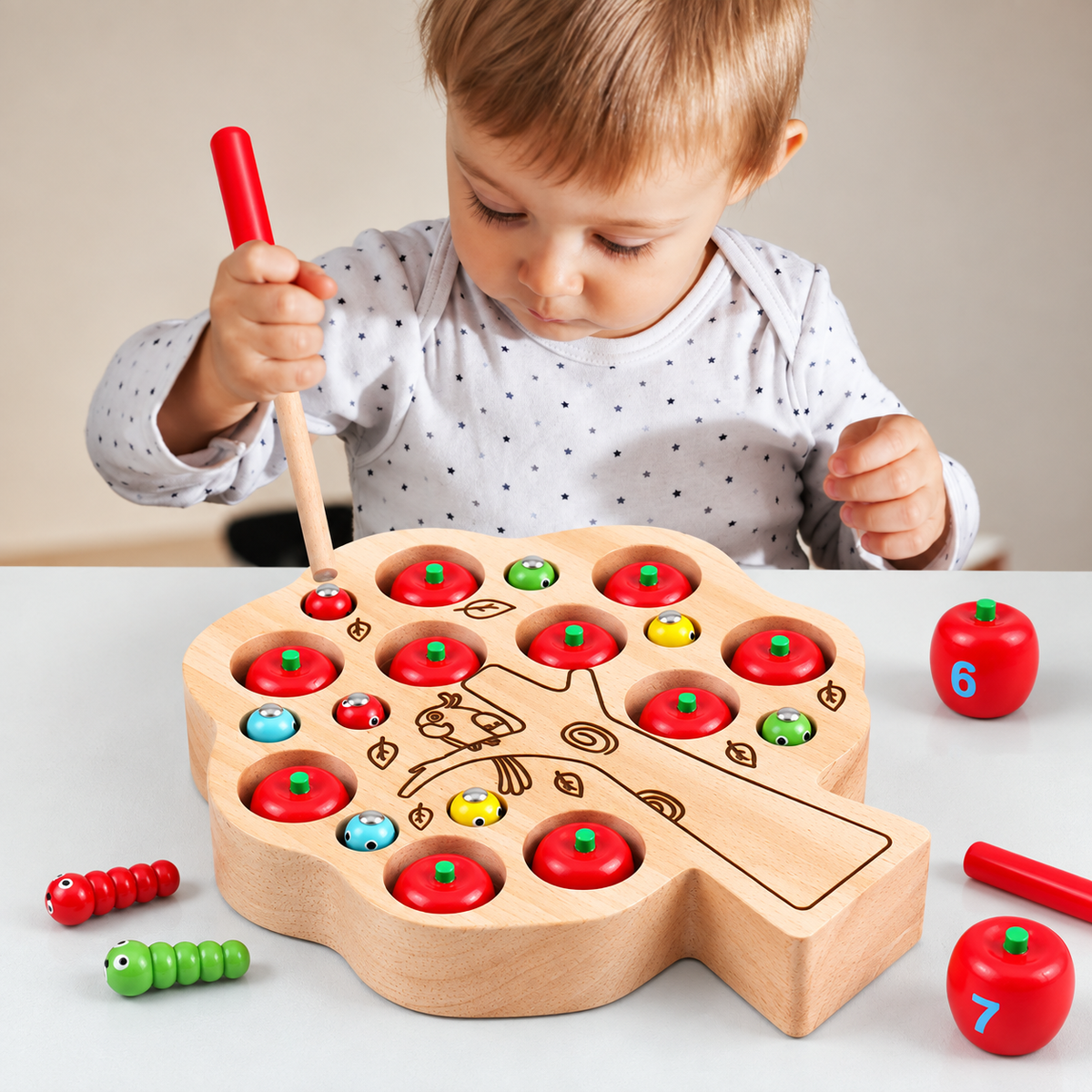 Montessori Wooden Apple Tree Counting & Magnetic Worm Catching Toy