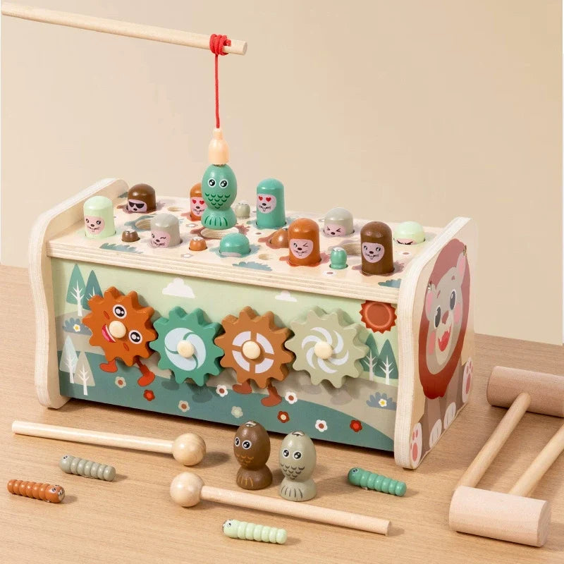 Wooden lion activity box with magnetic fishing game, whack-a-mole pieces and turning gears