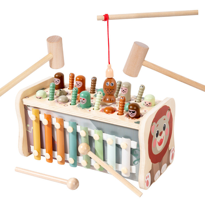 Wooden five-in-one lion activity box with whack-a-mole, fishing and xylophone play pieces