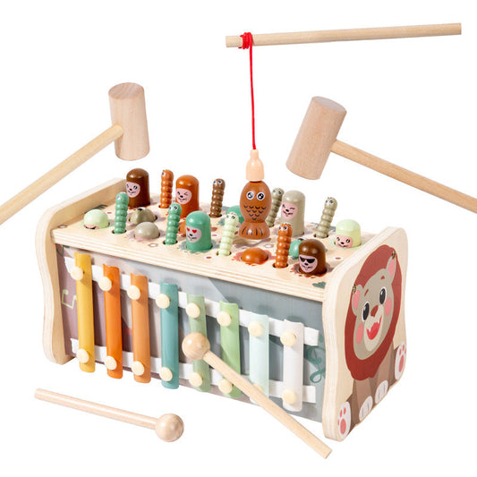 Wooden five-in-one lion activity box with whack-a-mole, fishing and xylophone play pieces