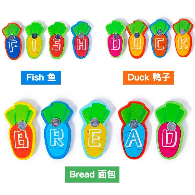Colorful wooden alphabet pieces showing simple word-building examples