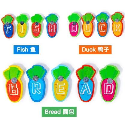Colorful wooden alphabet pieces showing simple word-building examples
