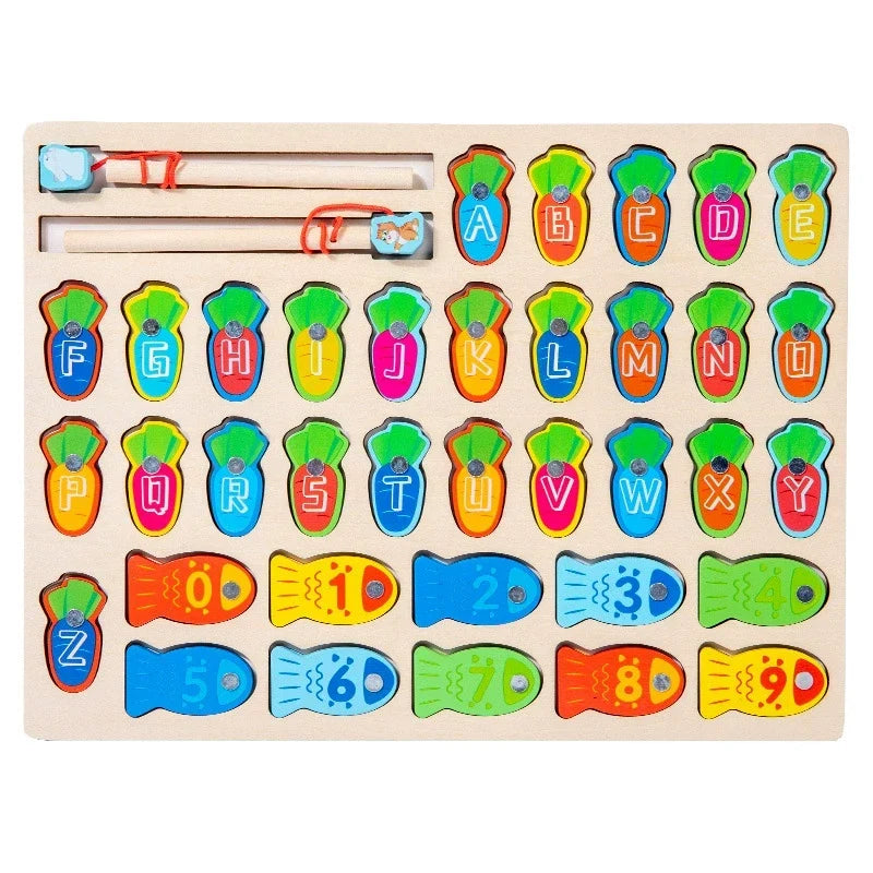 Wooden alphabet and number magnetic fishing board with colorful puzzle pieces