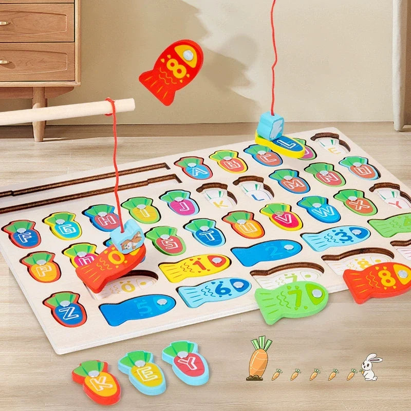 Wooden magnetic fishing board in play with alphabet and number pieces