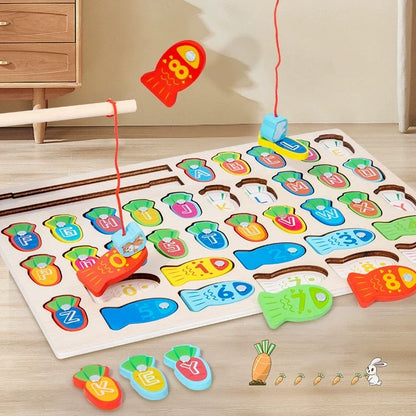 Wooden magnetic fishing board in play with alphabet and number pieces