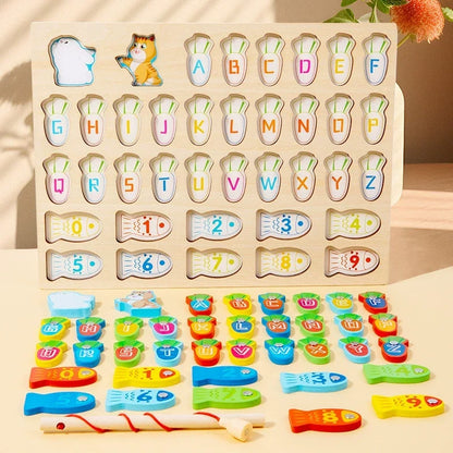 Complete wooden alphabet and number fishing puzzle set with rods and removable pieces