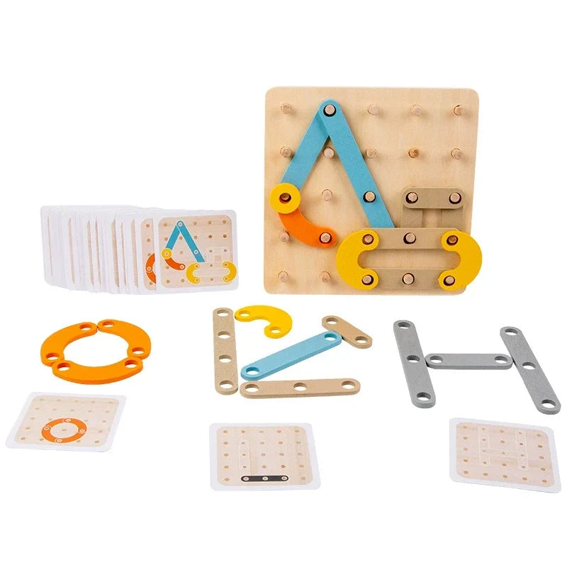 Wooden creative shape puzzle board with colourful pieces and pattern cards