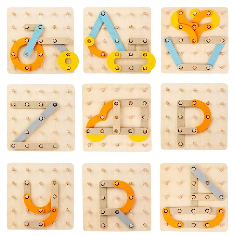 Wooden creative shape puzzle board showing multiple example shapes