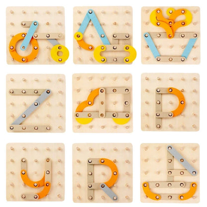 Wooden creative shape puzzle board showing multiple example shapes