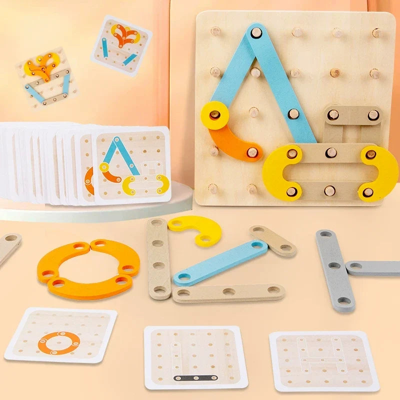 Wooden creative shape puzzle set with board, pieces and pattern cards