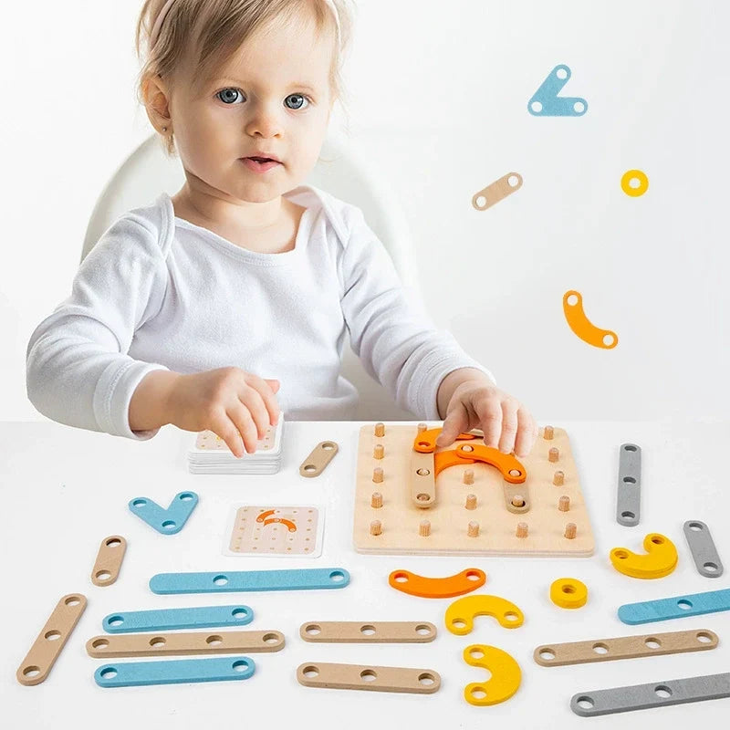 Child playing with a wooden creative shape puzzle board