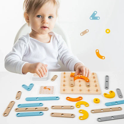 Child playing with a wooden creative shape puzzle board