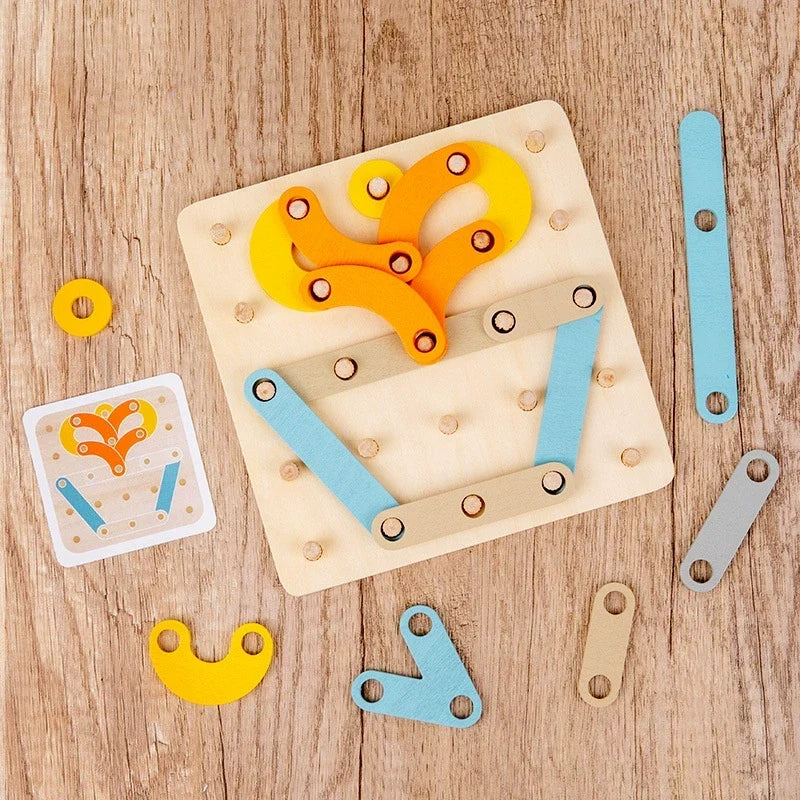Wooden creative shape puzzle board with colourful construction pieces