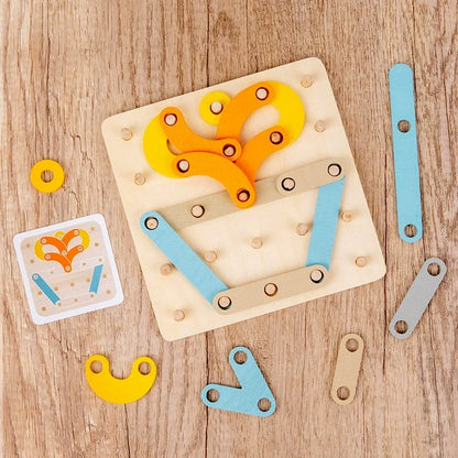 Wooden creative shape puzzle board with colourful construction pieces