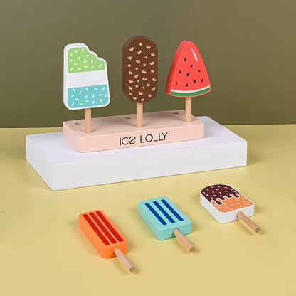 Wooden pretend ice lolly set displayed with an ice lolly stand
