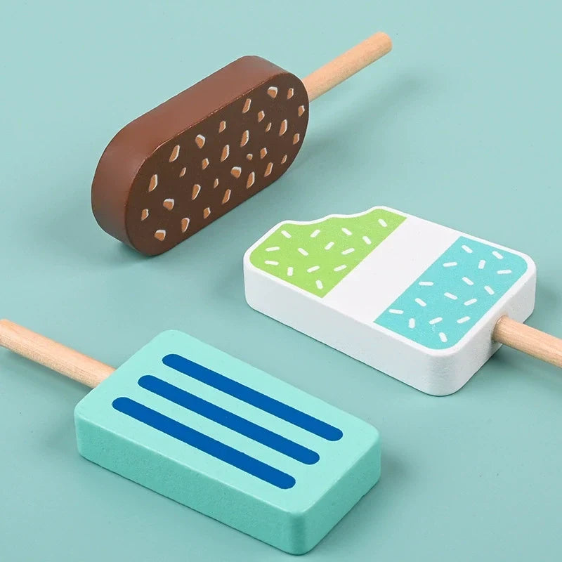 Wooden pretend play ice lolly set with colorful ice cream bar designs