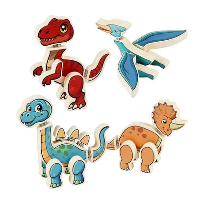 Wooden snap-together dinosaur building set with four colorful 3D dinosaur models