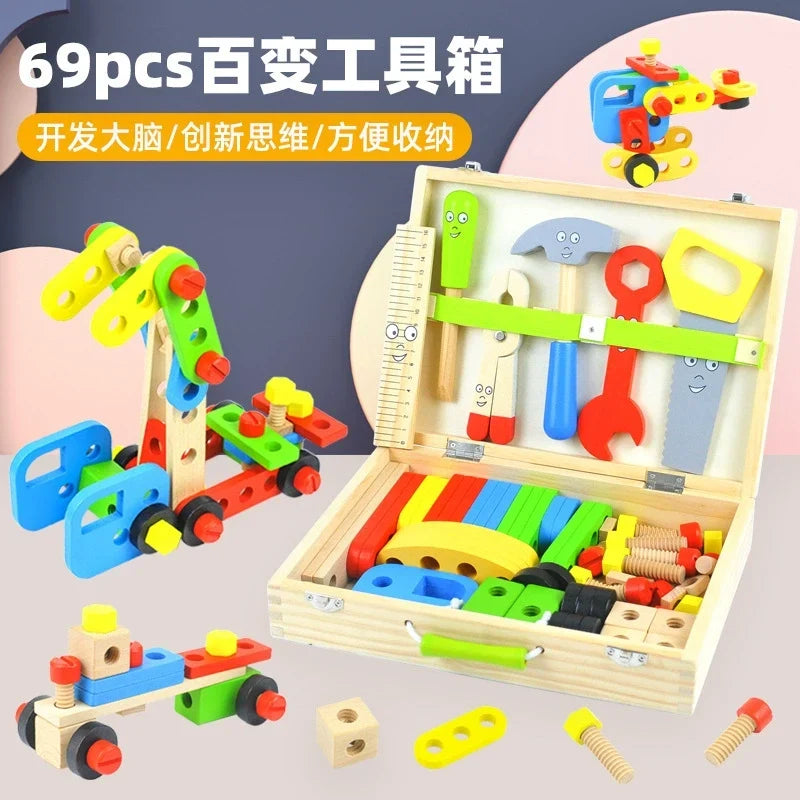 69-piece wooden tool box with building examples