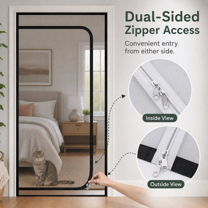Zippered Pet Mesh Door Barrier for Bedrooms & Home Offices - Helps Keep Cats in Designated Rooms Without Closing the Door
